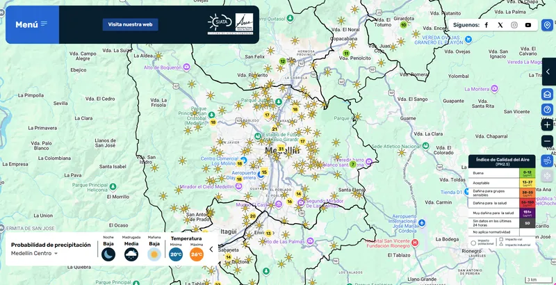 Captura del Geoportal del SIATA: mapa del Valle de Aburrá con estaciones y la leyenda del índice de calidad del aire
