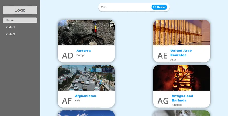 Captura de la prueba técnica: cuadrícula de países con foto, código y continente