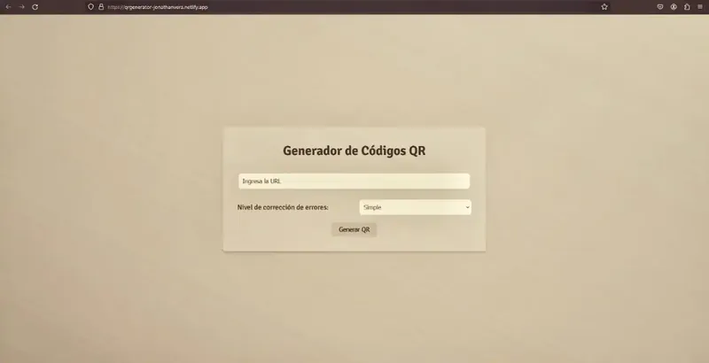 Captura del generador de códigos QR con su formulario de texto y tamaño