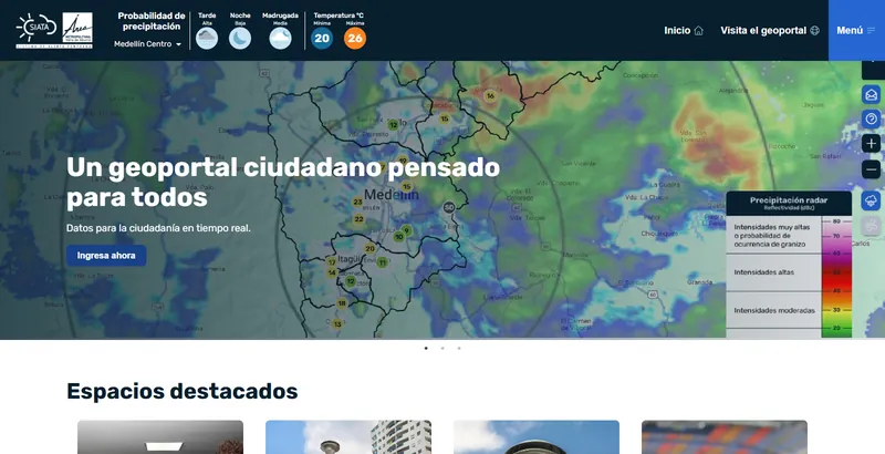 Captura del portal del SIATA: portada sobre el mapa de radar del Valle de Aburrá